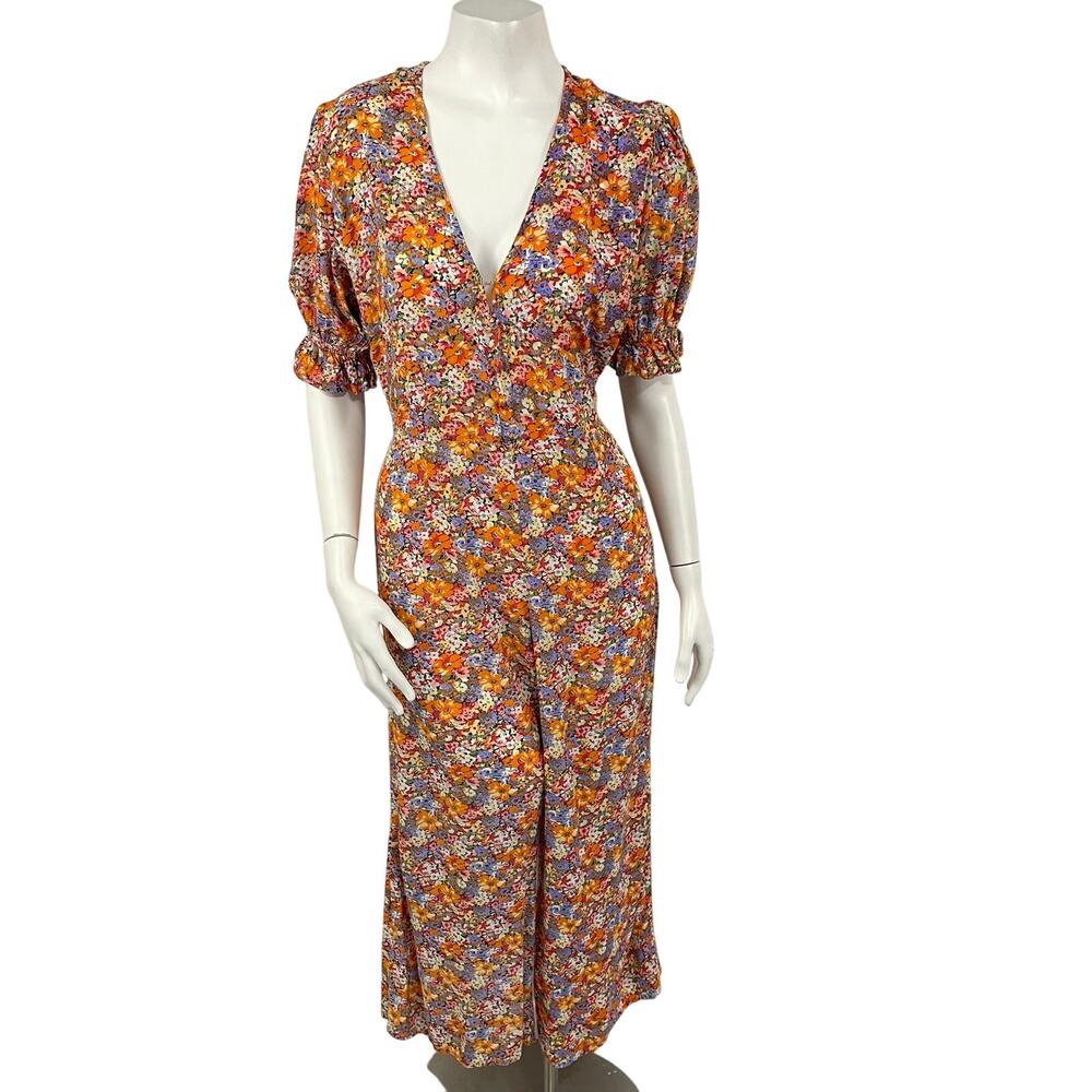 Faithfull The Brand Floral Wide Leg‎ Jumpsuit Puff Sleeves Tie Back Size 6